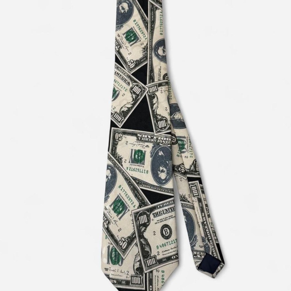 Money print necktie with graphic of overlapping US dollar bills